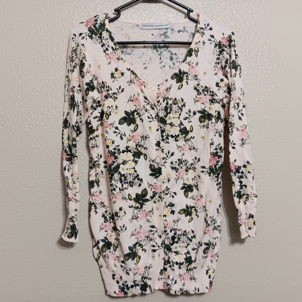 Hopeless Romantic Cream Pink Green Floral Lightweight Cotton Cardigan Sweater